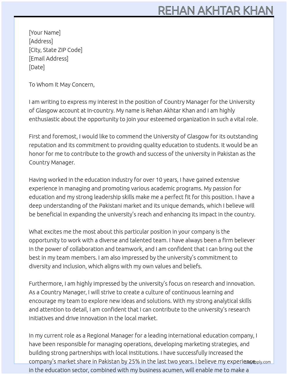 Country Manager (Pakistan) At University of Glasgow account at In-country Cover Letter