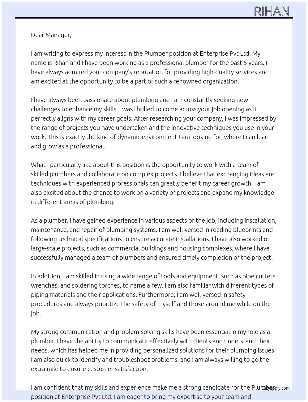 Plumber  At Enterprise pvt Ltd  Cover Letter