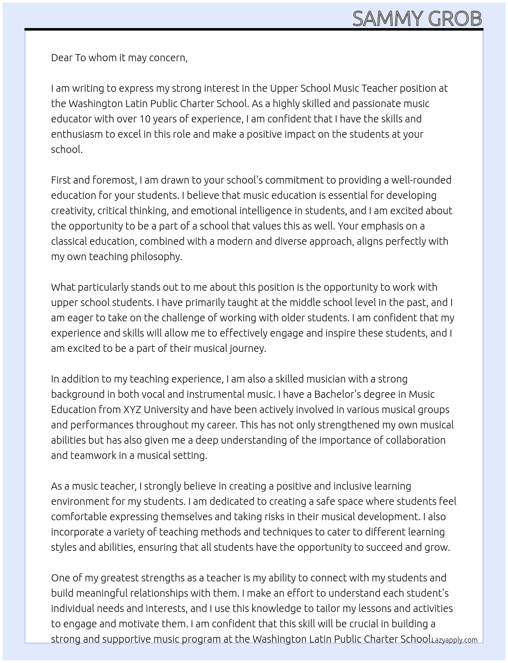 Upper School Music Teacher At the Washington Latin Public Charter School Cover Letter