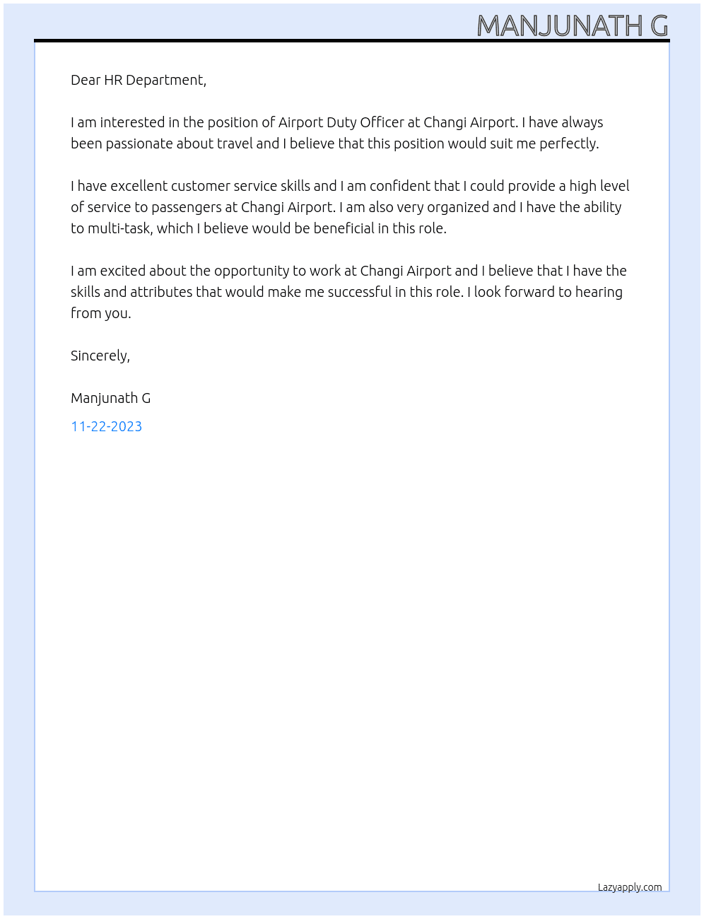 AIRPORT DUTY OFFICER At CHANGI AIRPORT Cover Letter