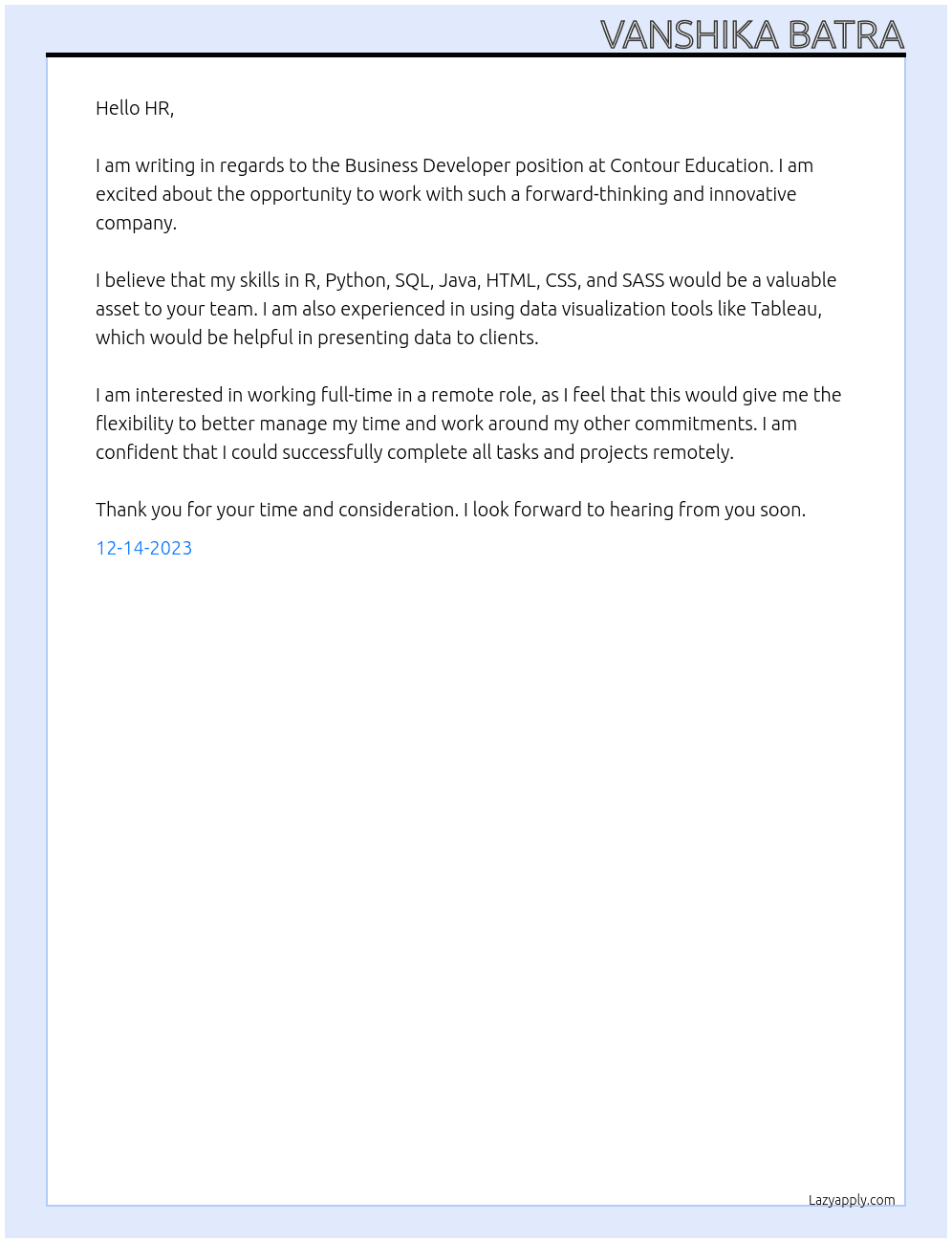 BUSINESS DEVELOPER At Contour Education Cover Letter