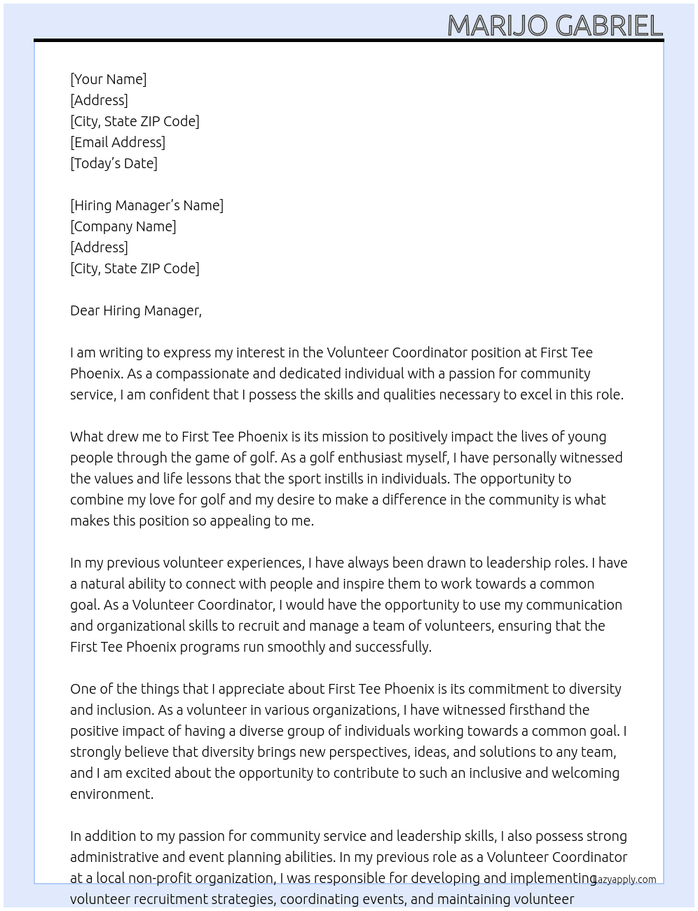 Volunteer Coordinator At First Tee Phoenix Cover Letter
