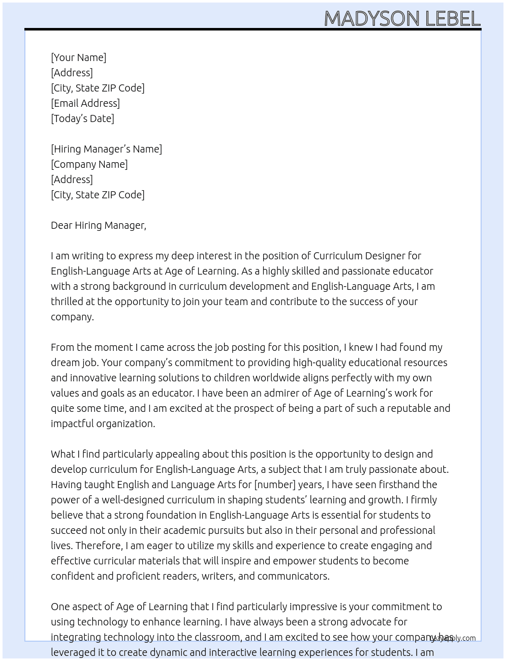 Curriculum Designer for English-Language Arts At Age of Learning Cover Letter