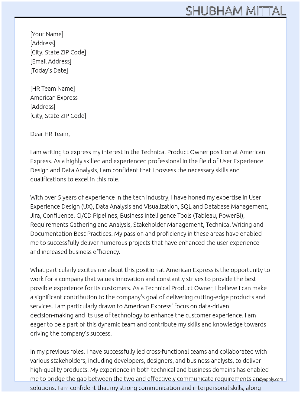 Technical Product Owner At American Express Cover Letter