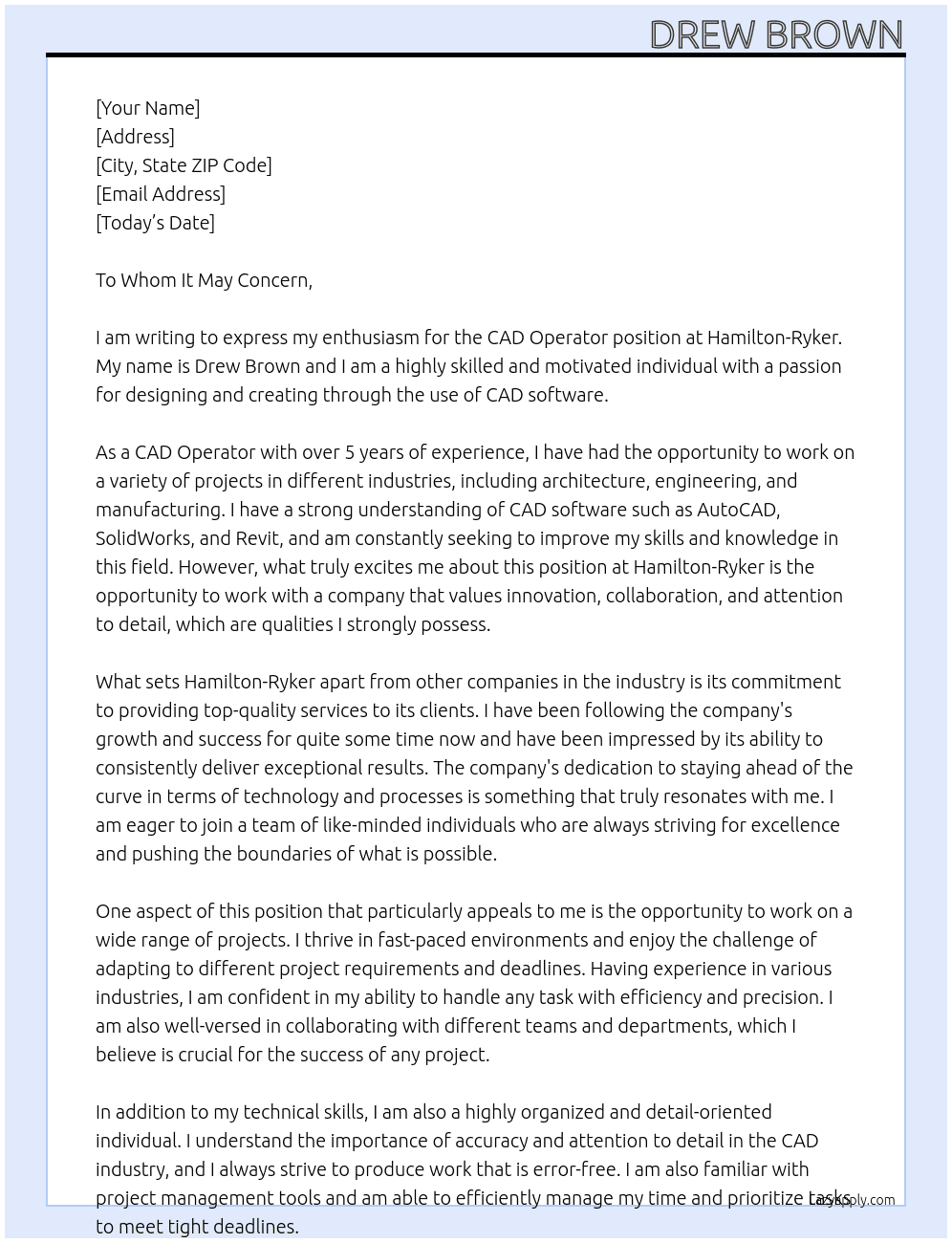 CAD Operator At Hamilton-Ryker Cover Letter