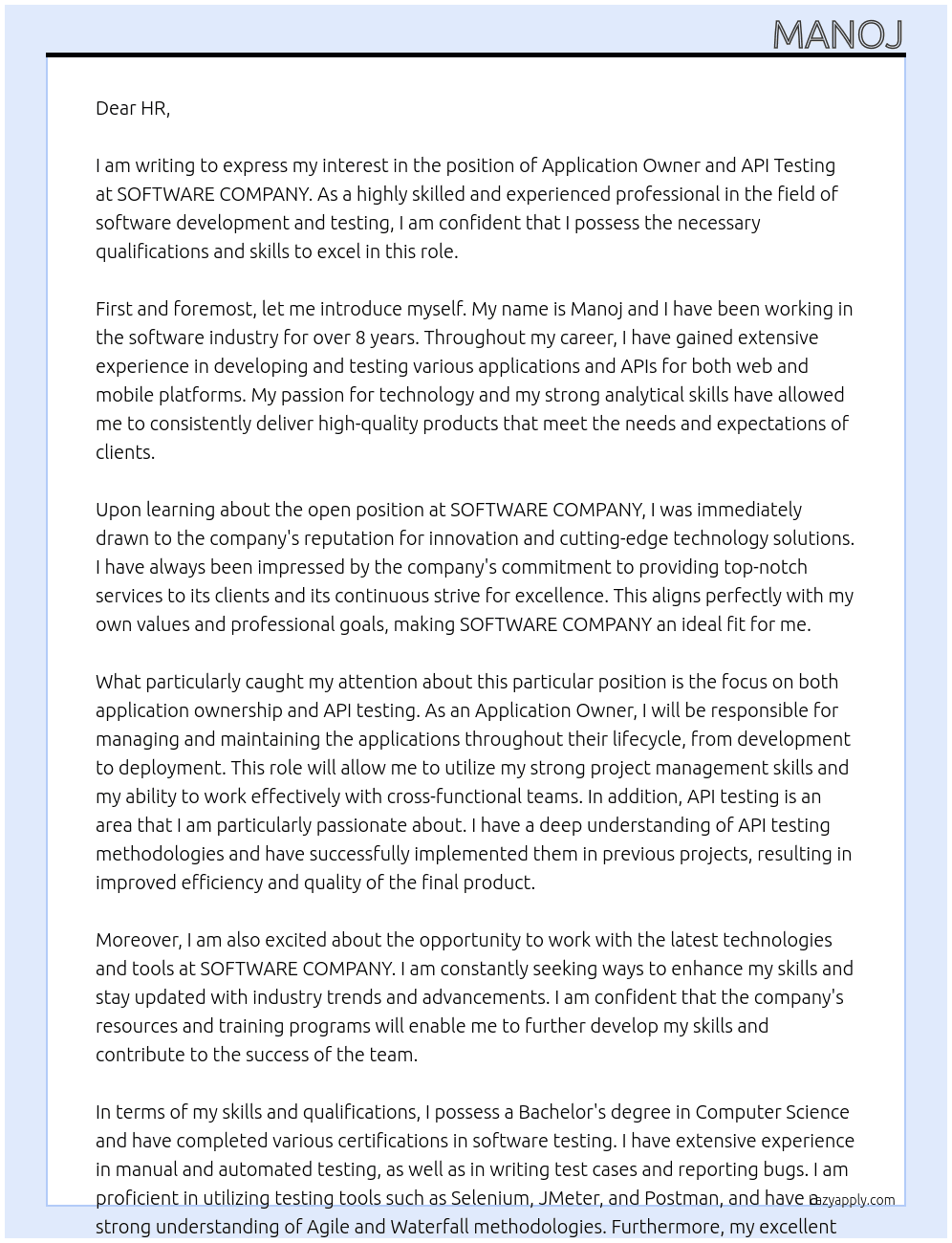 APPLICATION OWNER AND API TETSING At SOFTWARE COMPANY Cover Letter