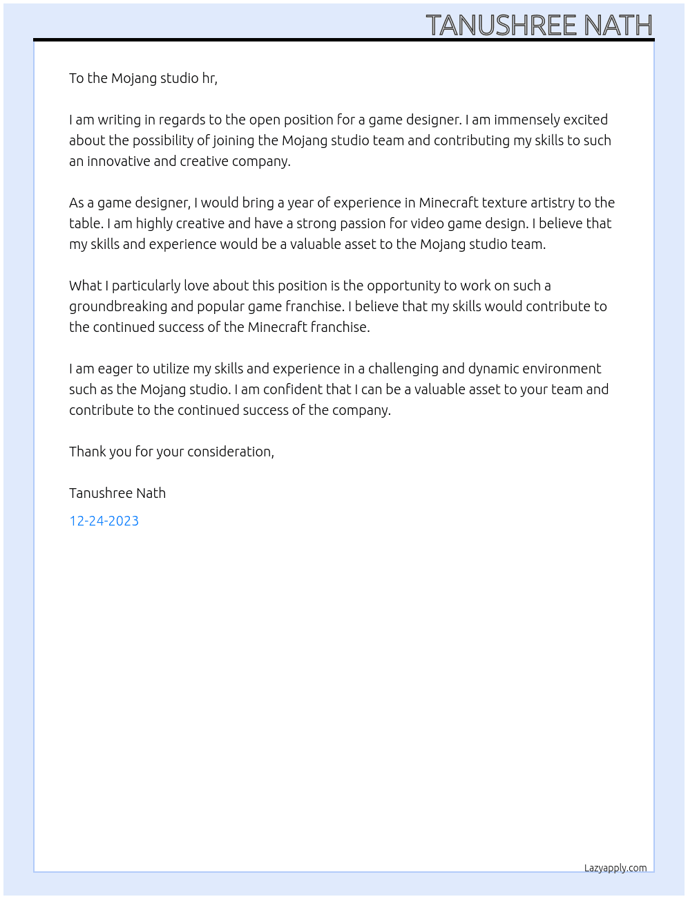 Game designer  At Mojang studio Cover Letter