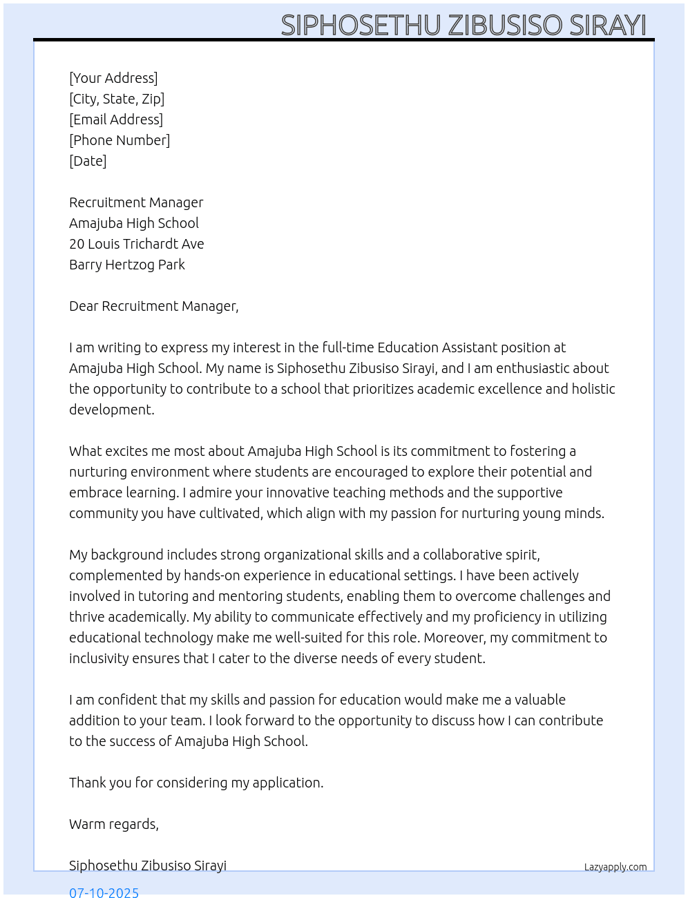 Education Assistant  At Amajuba High School  Cover Letter