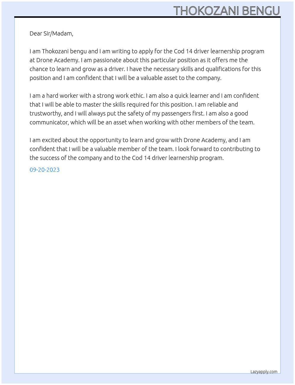 Cod 14 driver learnership program  At Drone academy  Cover Letter