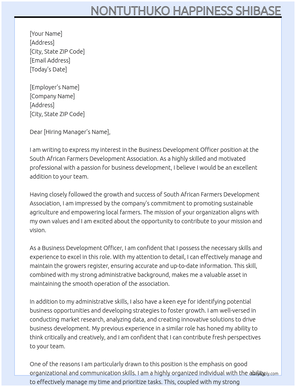 Business Development Officer At South African Farmers Development Association Cover Letter