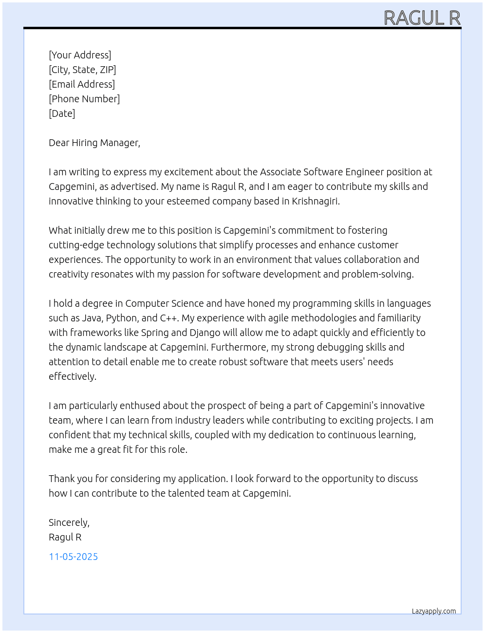 Associate Software engineer  At Capgemini  Cover Letter