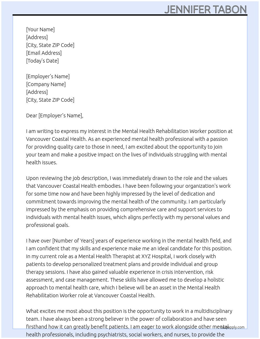 Mental Health Rehabilitation Worker At Vancouver Coastal Health Cover Letter