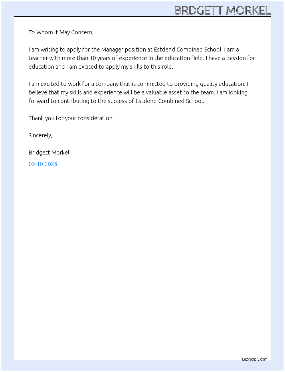 Manager At ESTDEND COMBINED SCHOOL  Cover Letter