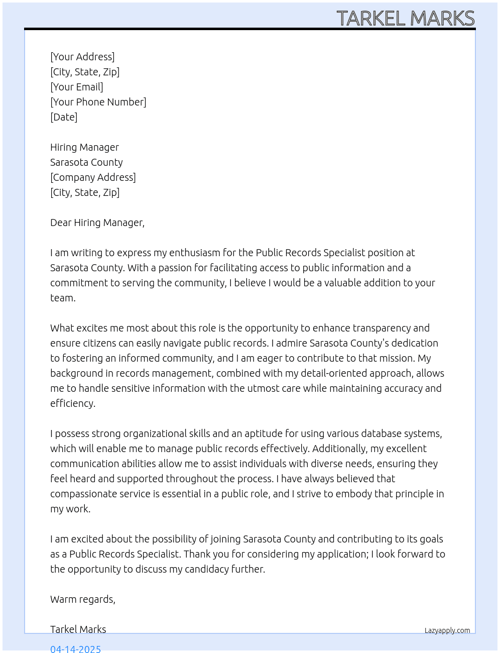 Public Records Specialist At Sarasota county  Cover Letter