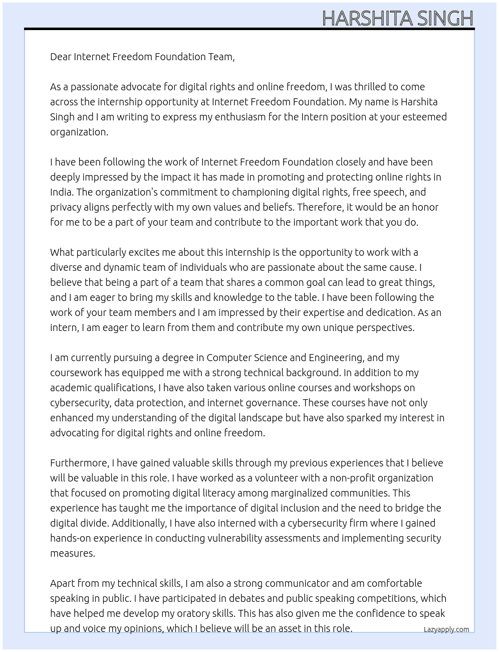 Intern At Internet Freedom Foundation Cover Letter