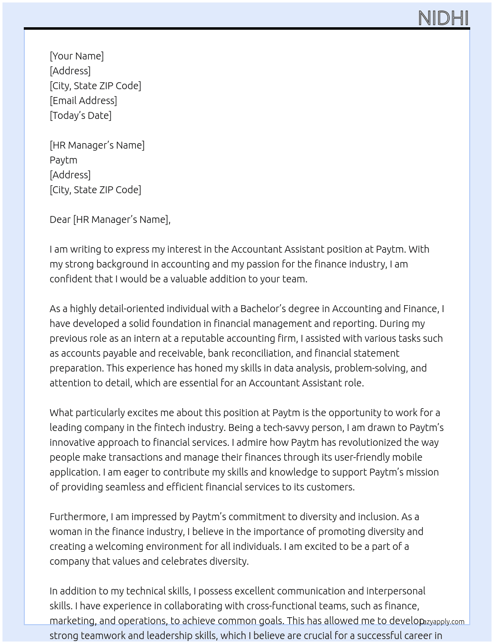Accountant assistant  At Paytm  Cover Letter