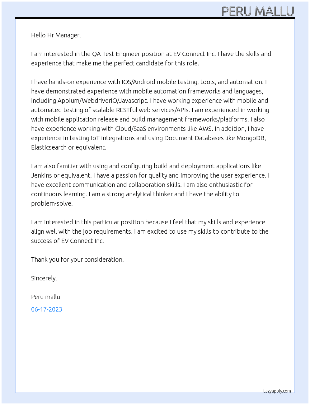 QA Test Engineer At EV Connect Inc Cover Letter