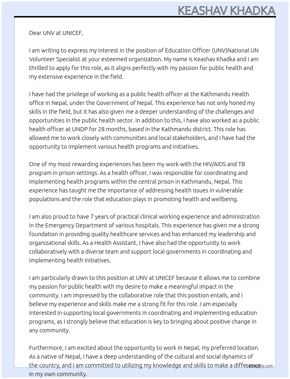 Education Officer (UNV)National UN Volunteer Specialist At UNV at UNICEF Cover Letter