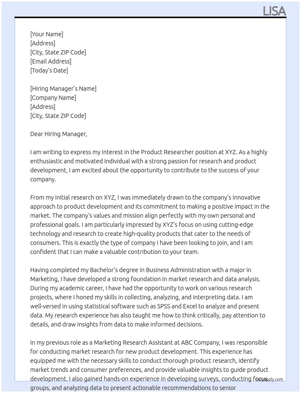 product researcher At XYZ Cover Letter