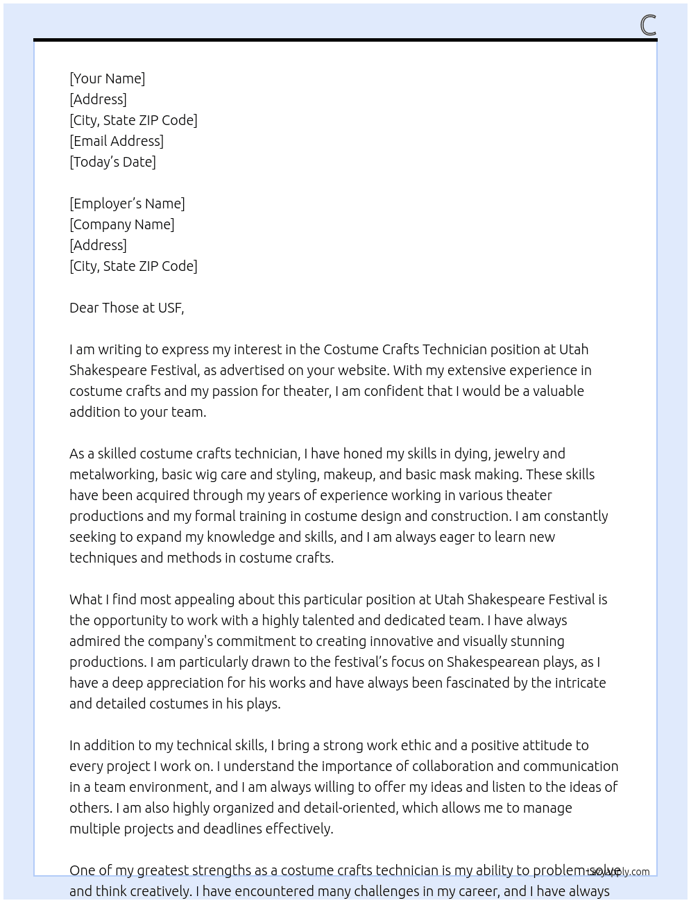 Costume Crafts Tecnician At Utah Shakespeare Festival Cover Letter