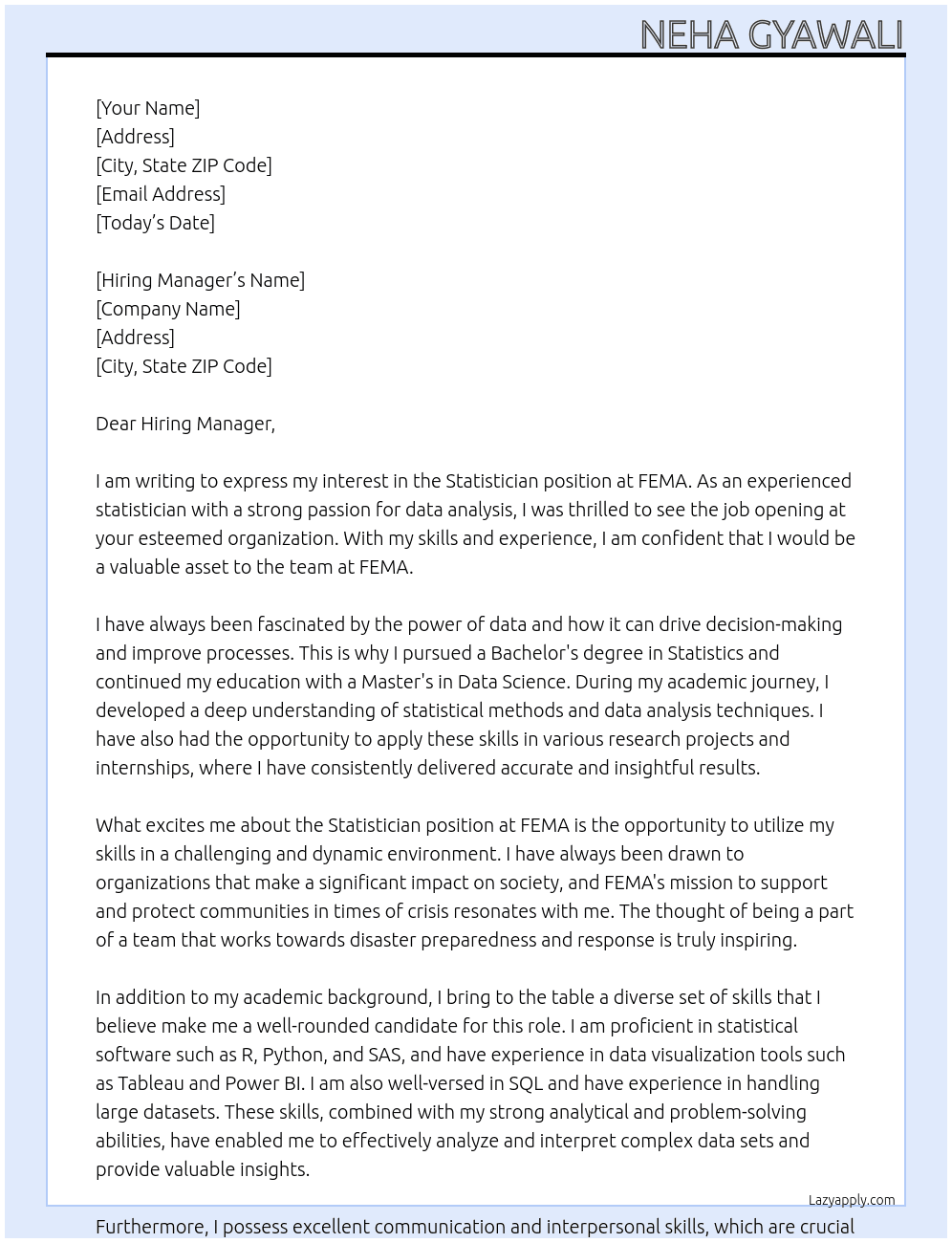 Statistician At FEMA Cover Letter