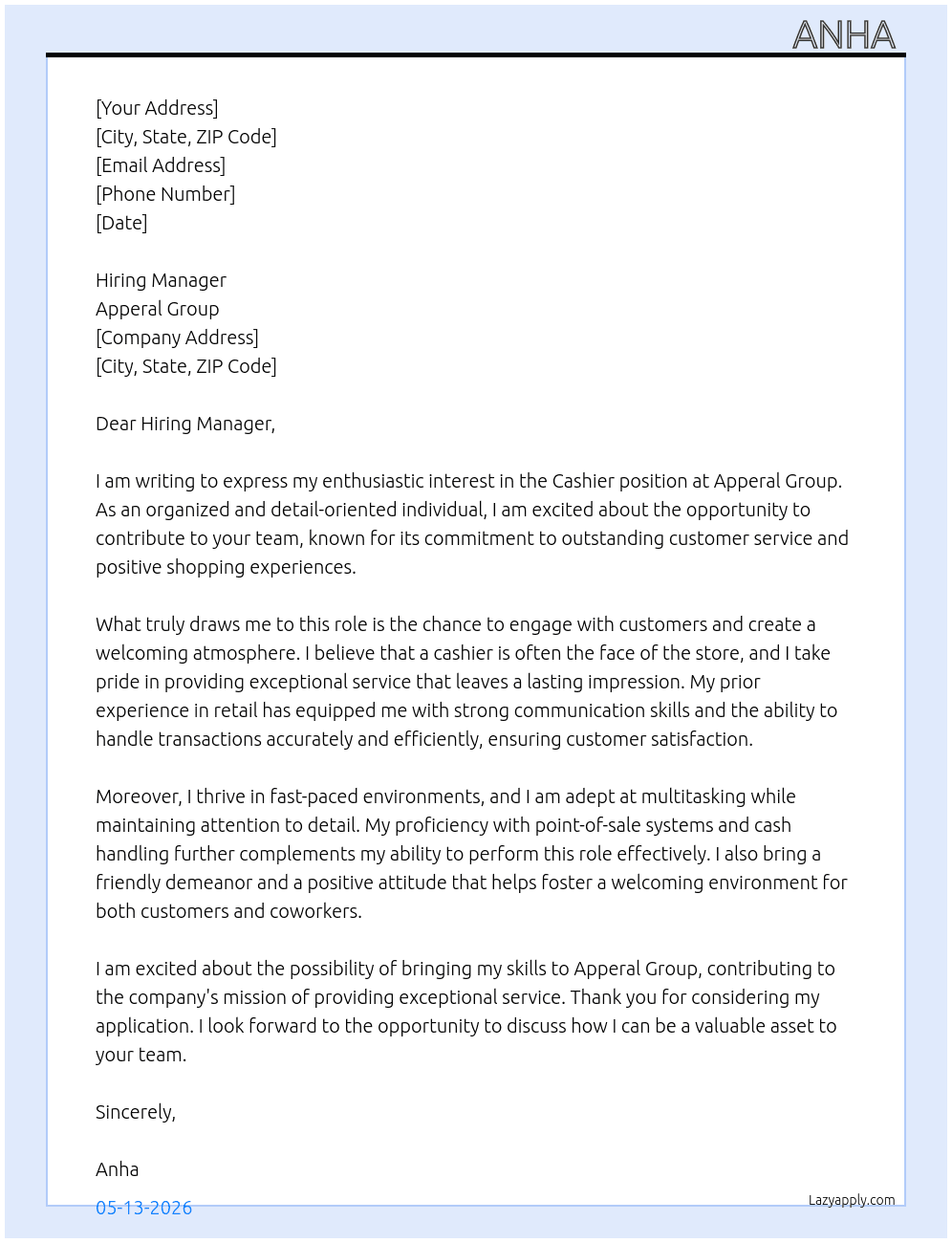 Cashier  At Apperal Group  Cover Letter