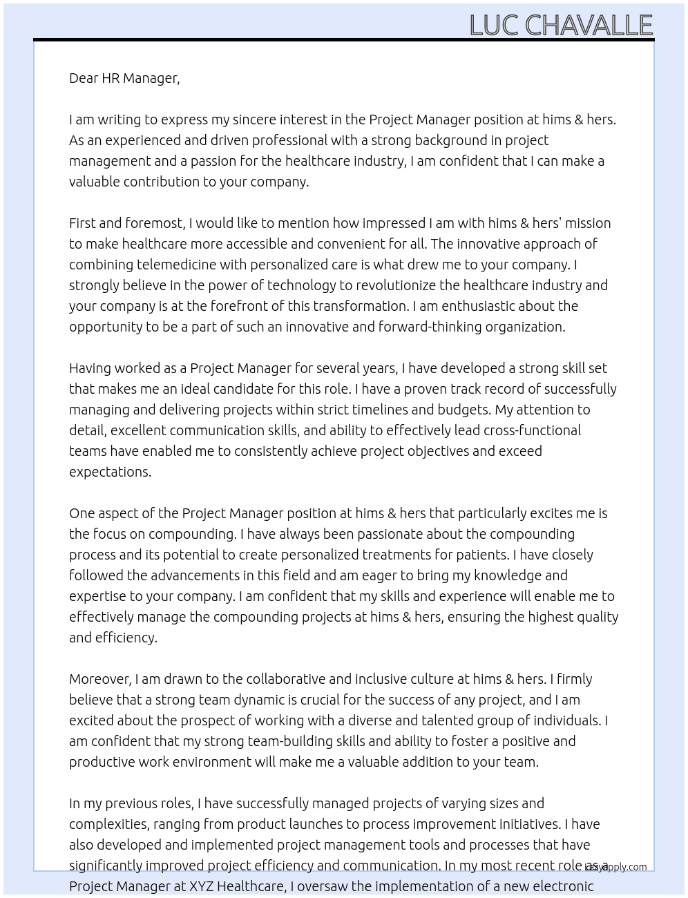 Project Manager, Compounding At hims & hers Cover Letter