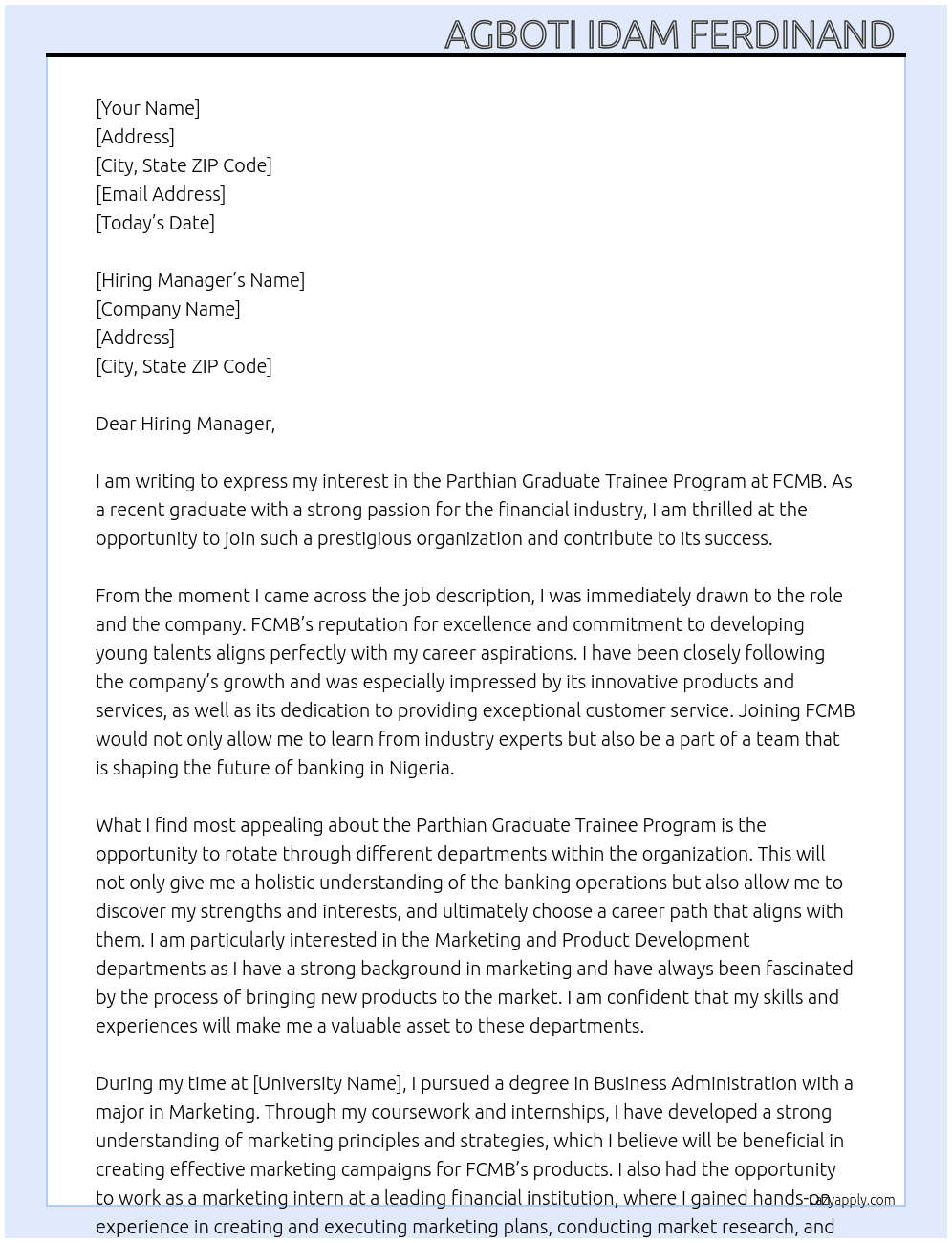 Parthian graduate trainee program  At Fcmb Cover Letter