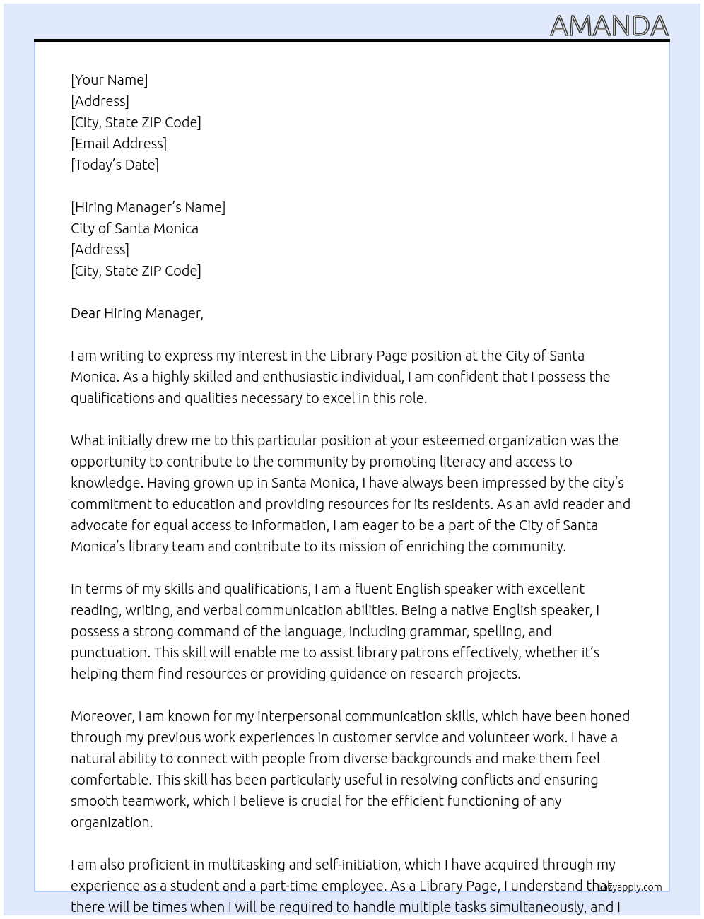 Library Page At City of Santa Monica Cover Letter