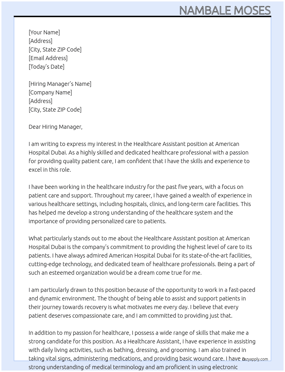 HEALTHCARE ASSISTANT At American Hospistal Dubai Cover Letter