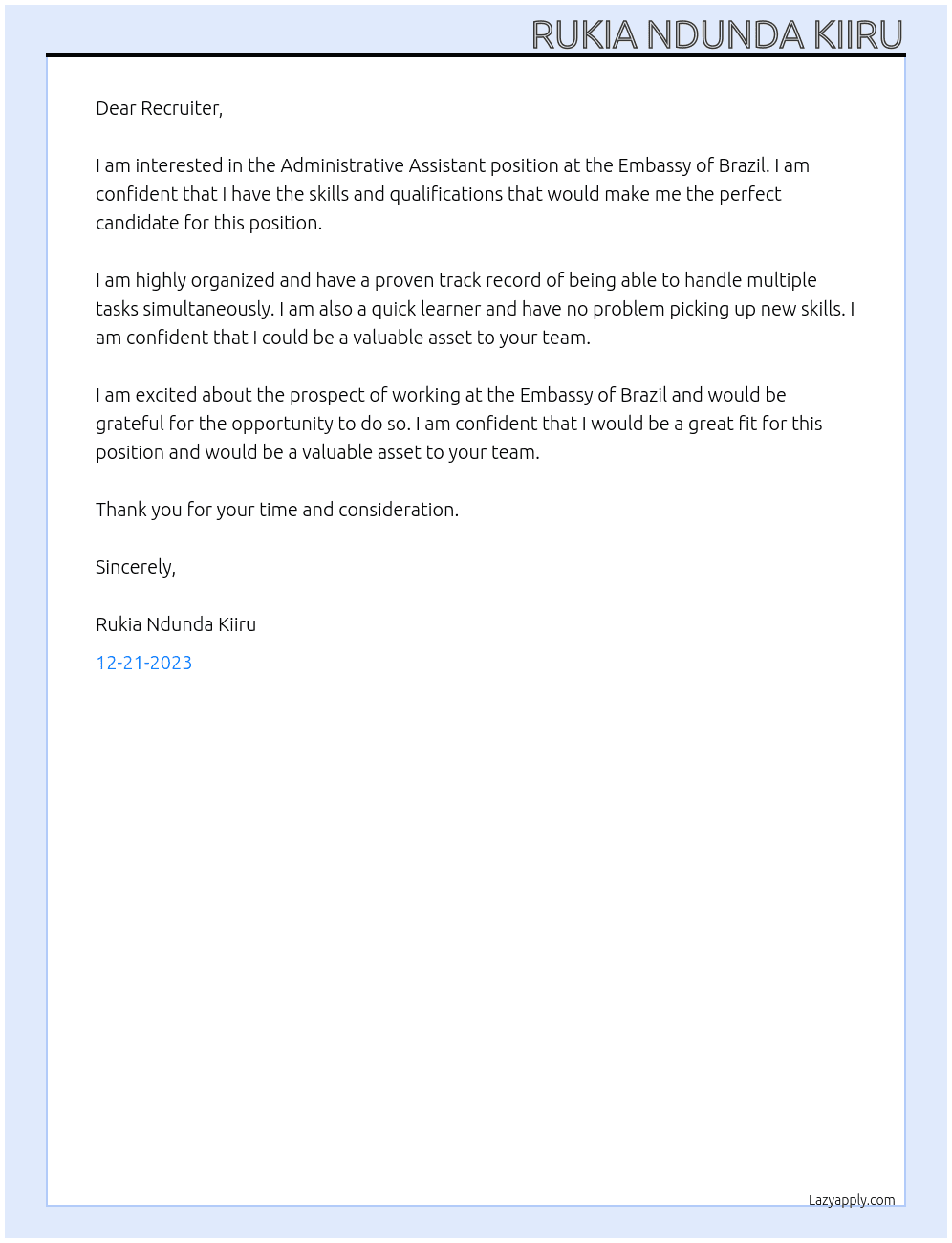 Administrative Assistant At Embassy of Brazil Cover Letter