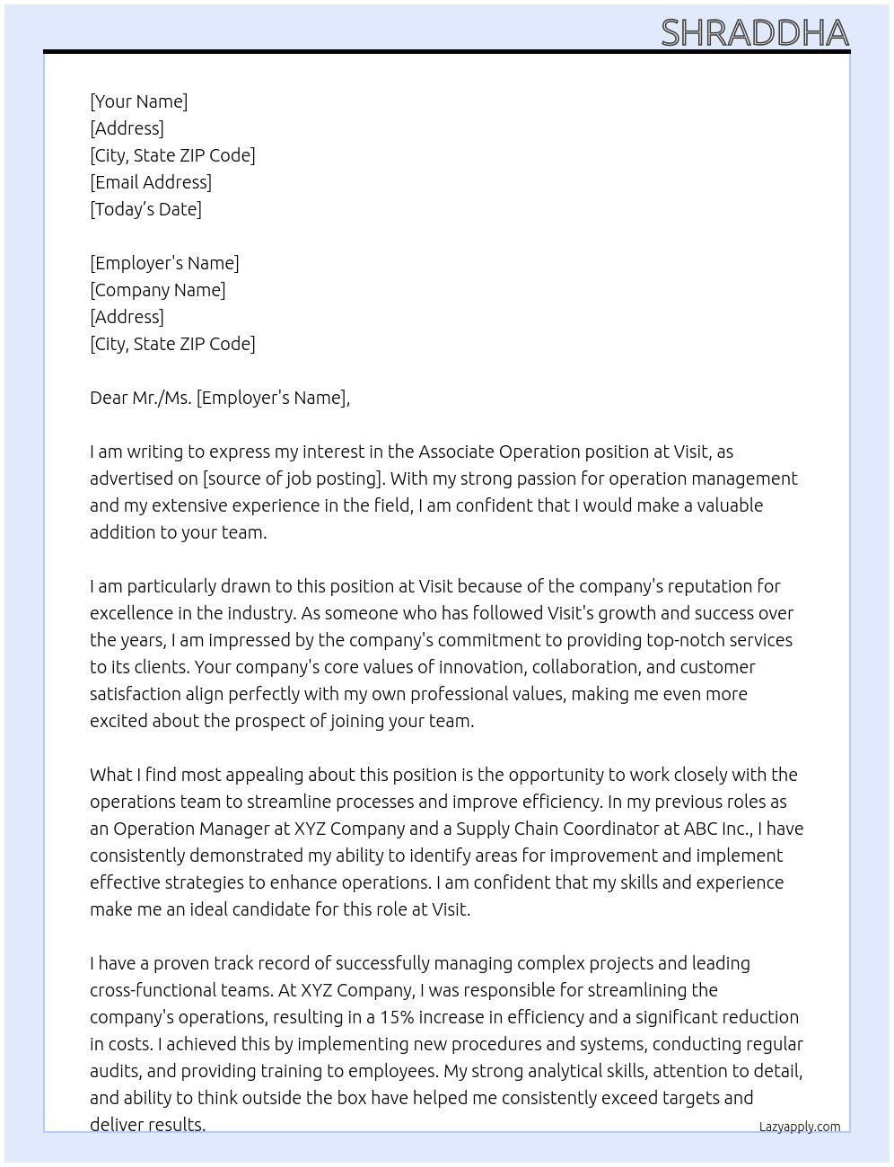 Associate Operation At Visit  Cover Letter