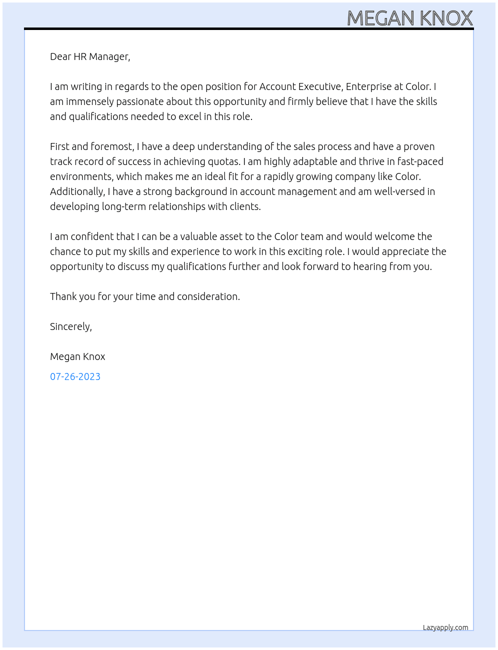 Account Executive, Enterprise At Color Cover Letter
