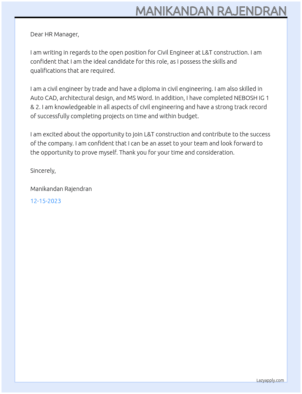 Civil Engineer At L&T construction Cover Letter