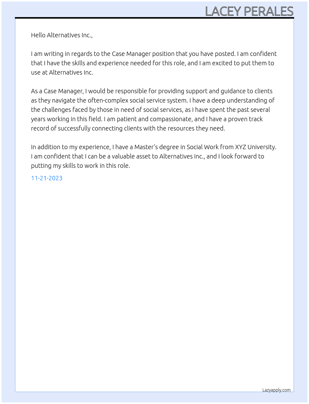 Case manager  At Alternatives Inc.  Cover Letter