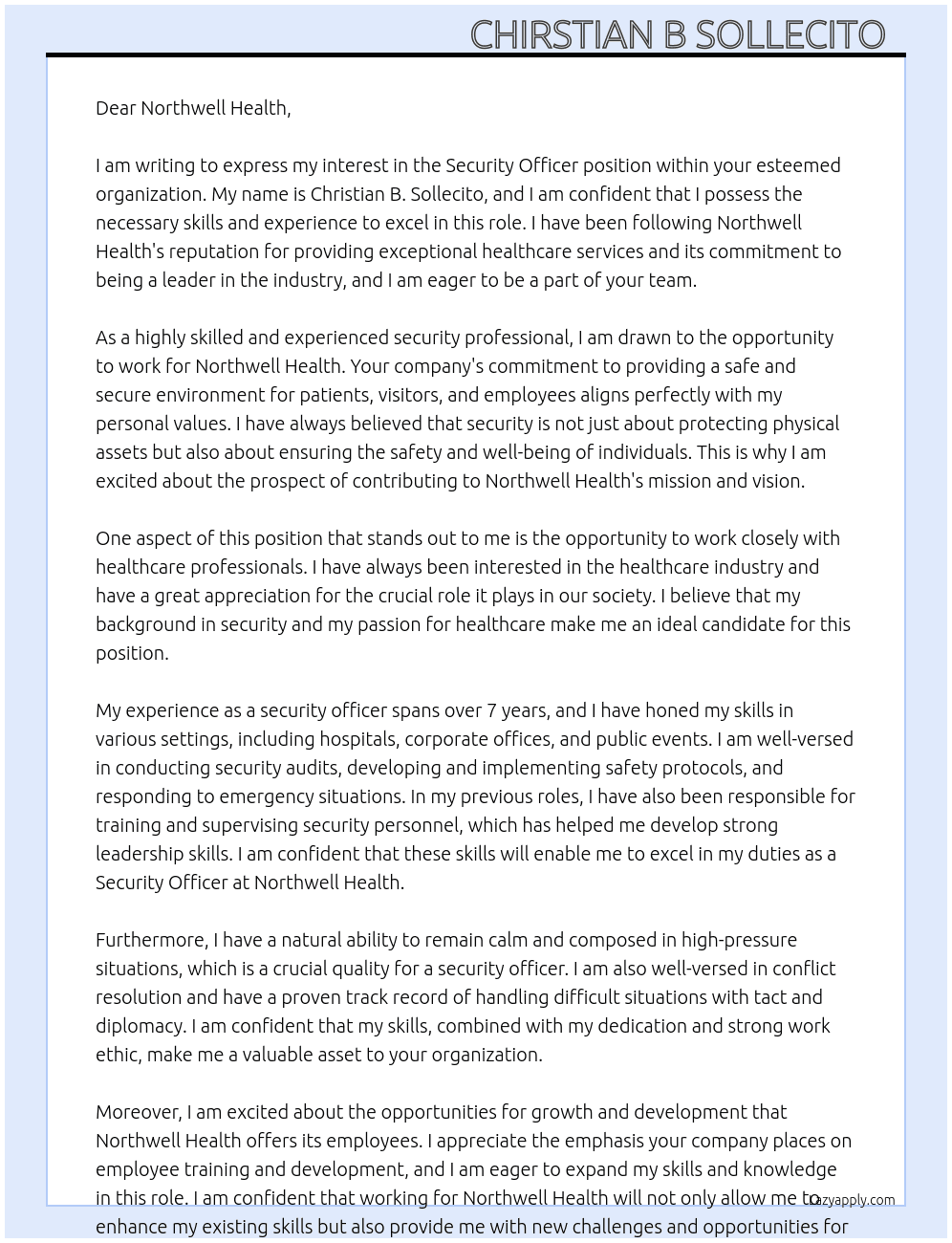 security officer At northwell health Cover Letter