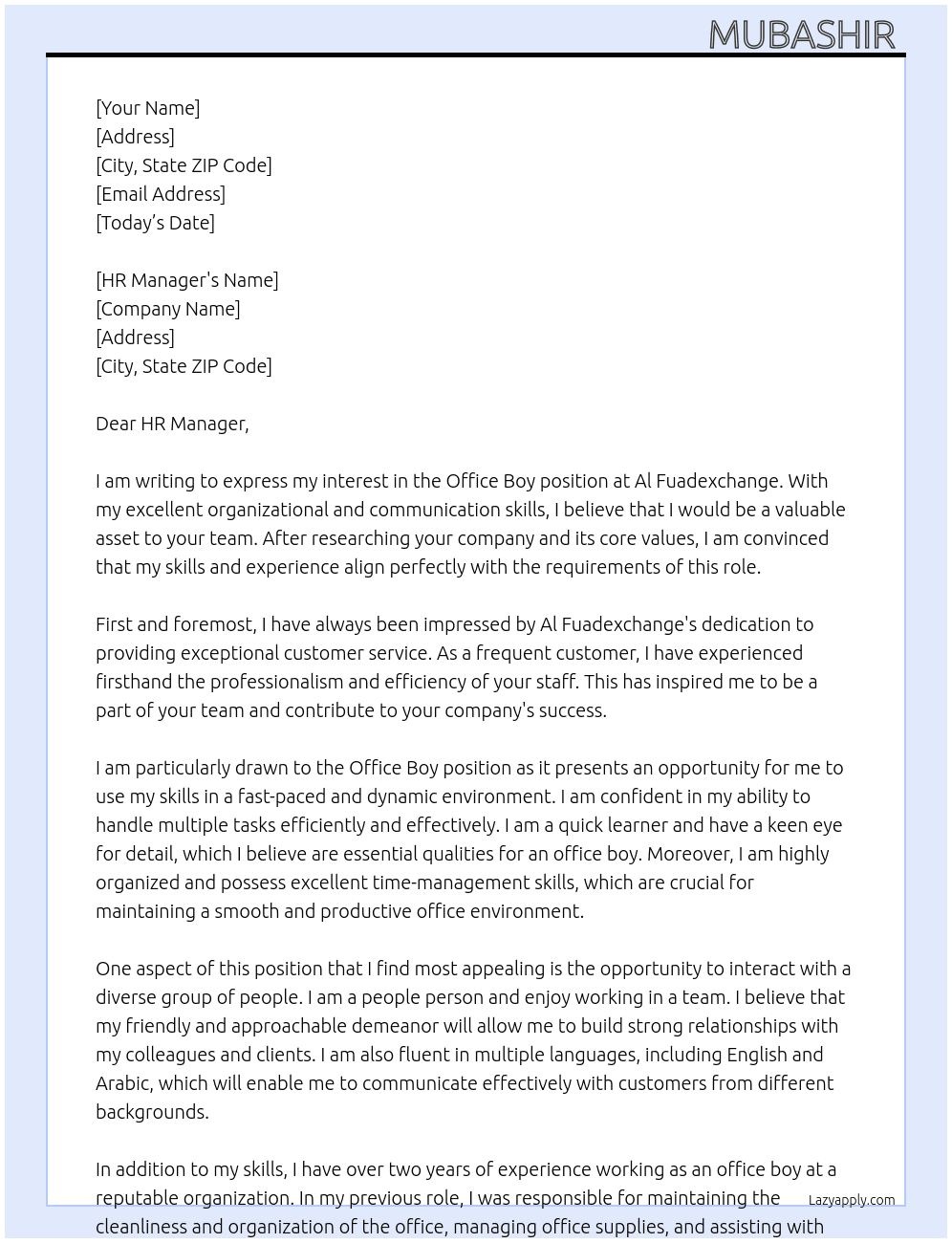 Office boy  At Al Fuadexchange Cover Letter