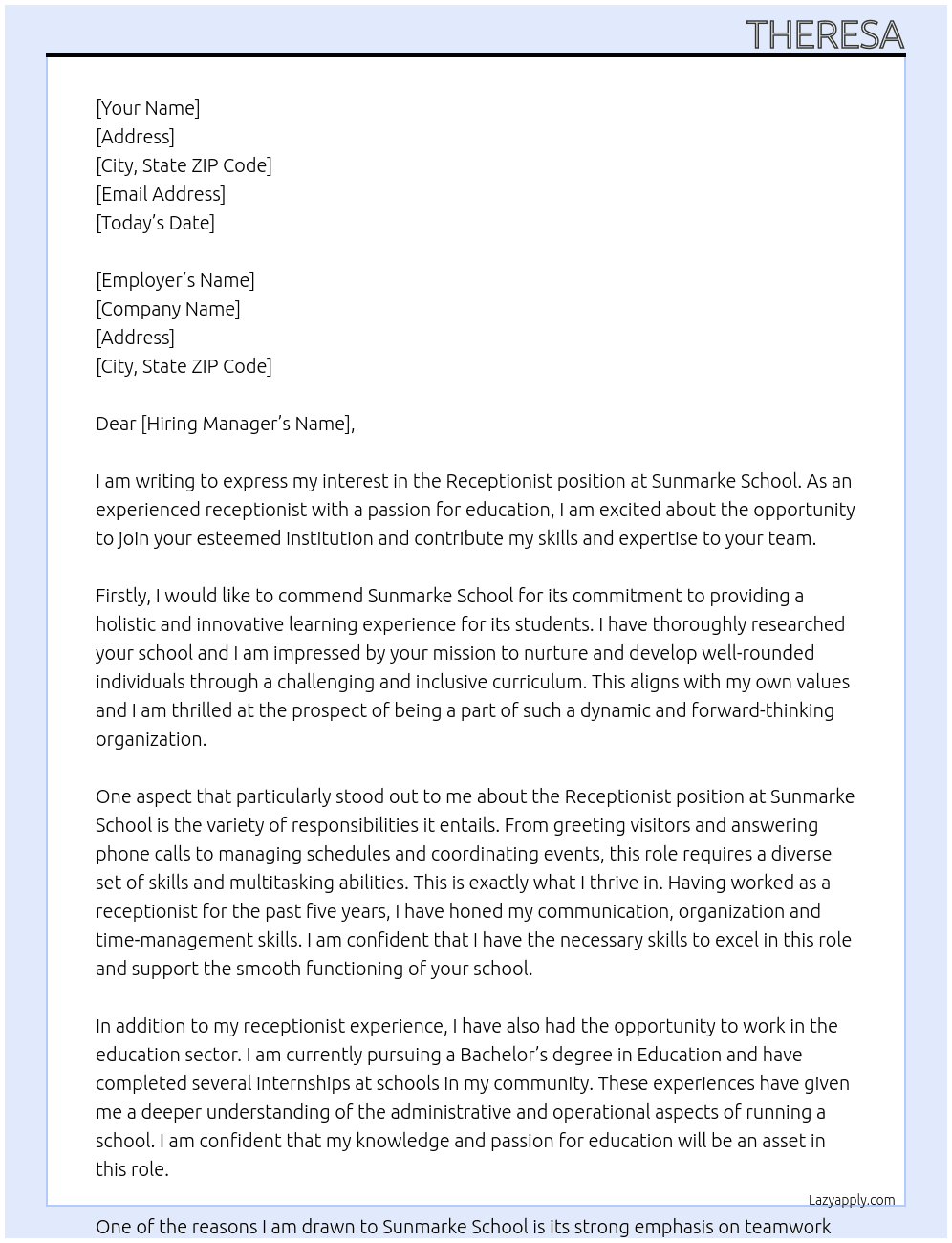 receptionist At sunmarke school Cover Letter