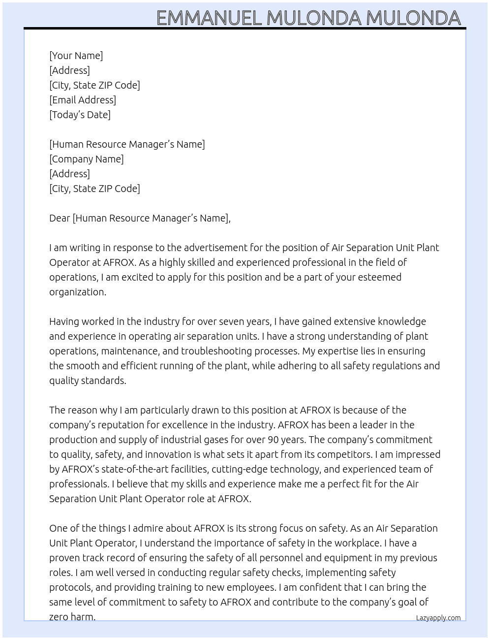 Air Separation Unit Plant Operator At AFROX Cover Letter