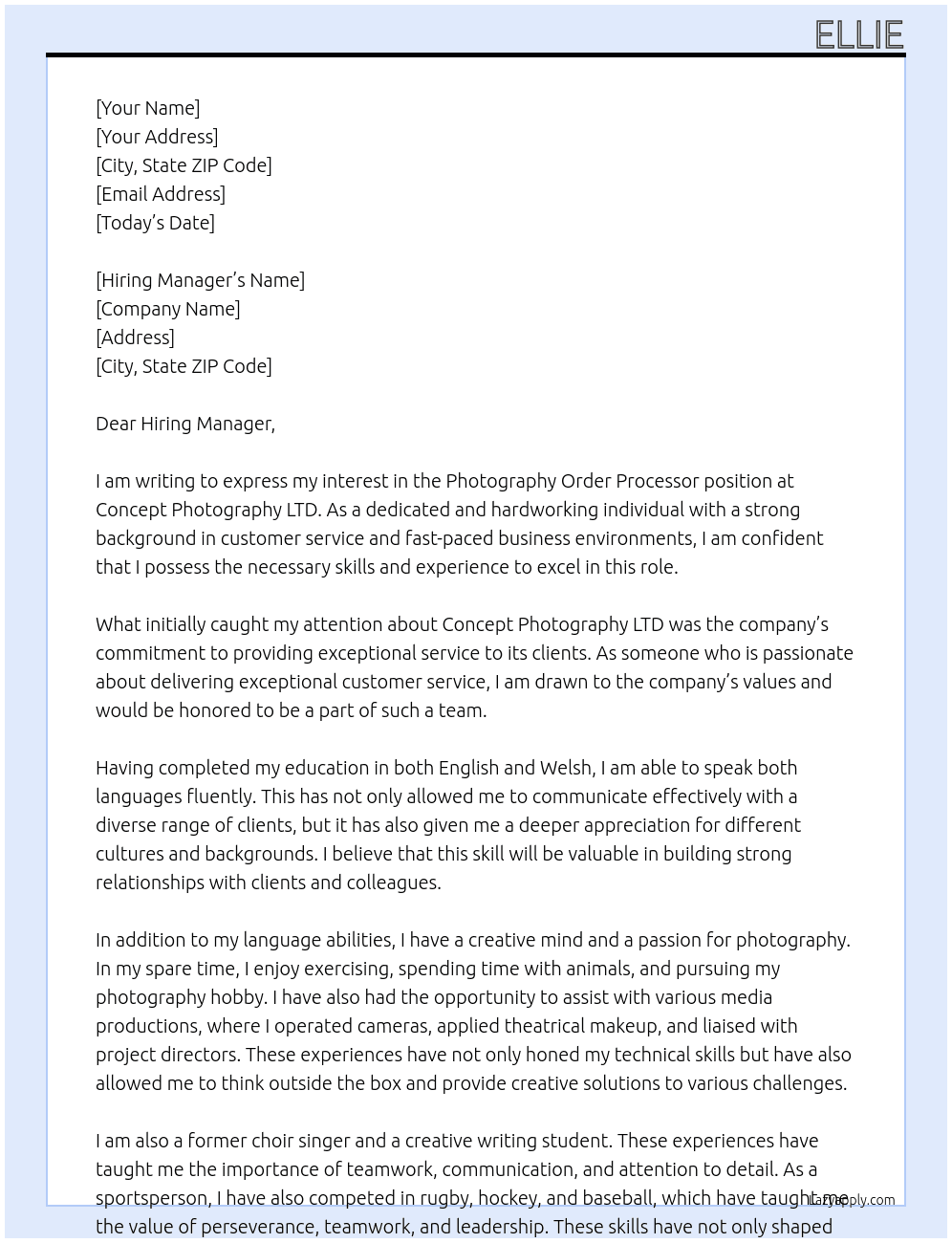 Photography Order Processor At Concept Photography LTD Cover Letter