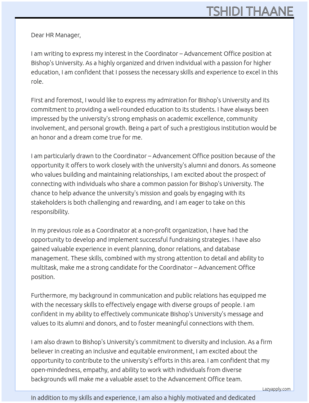 Coordinator – Advancement Office At Bishop's University Cover Letter