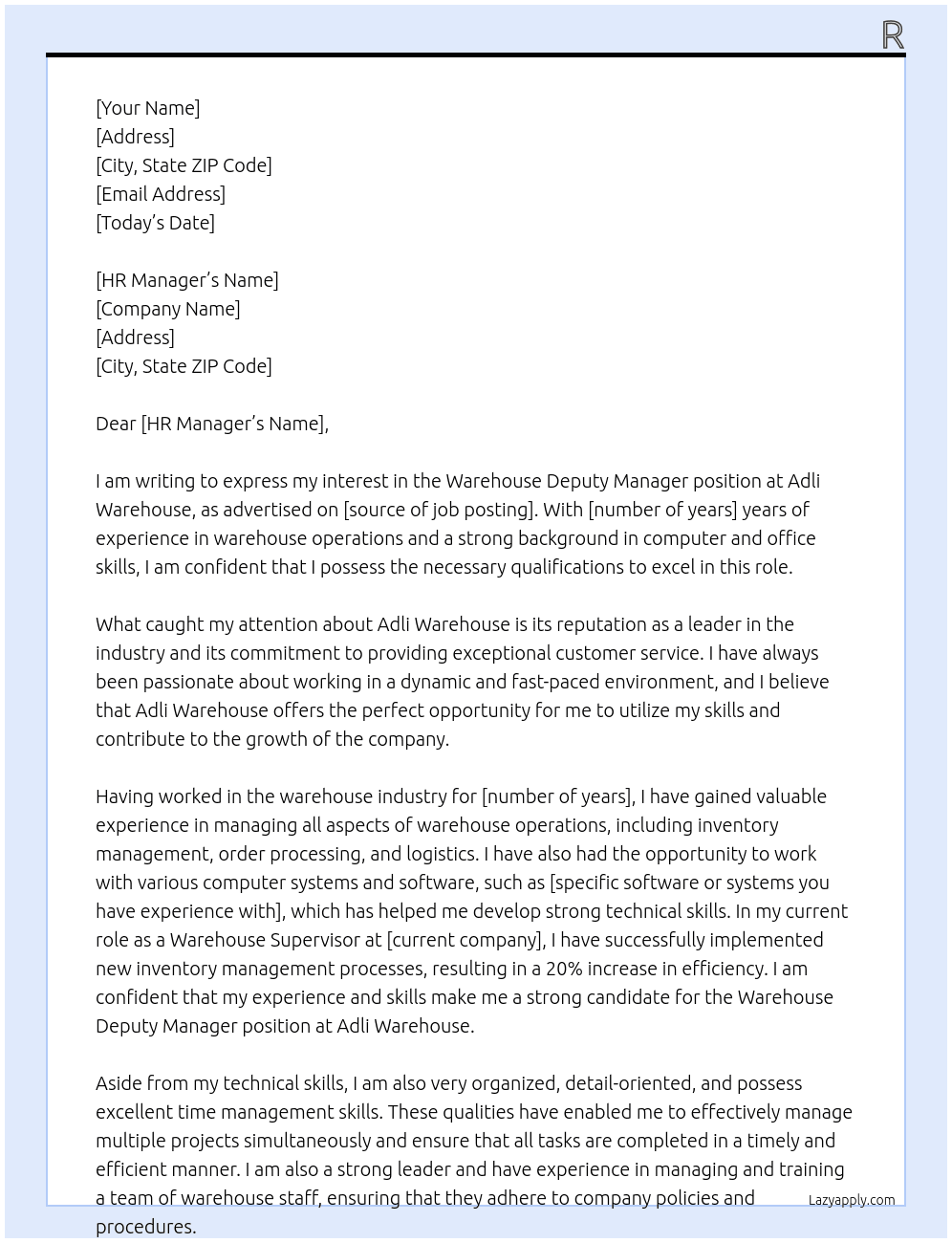 Warehouse Deputy Manager At Adli warehouse Cover Letter