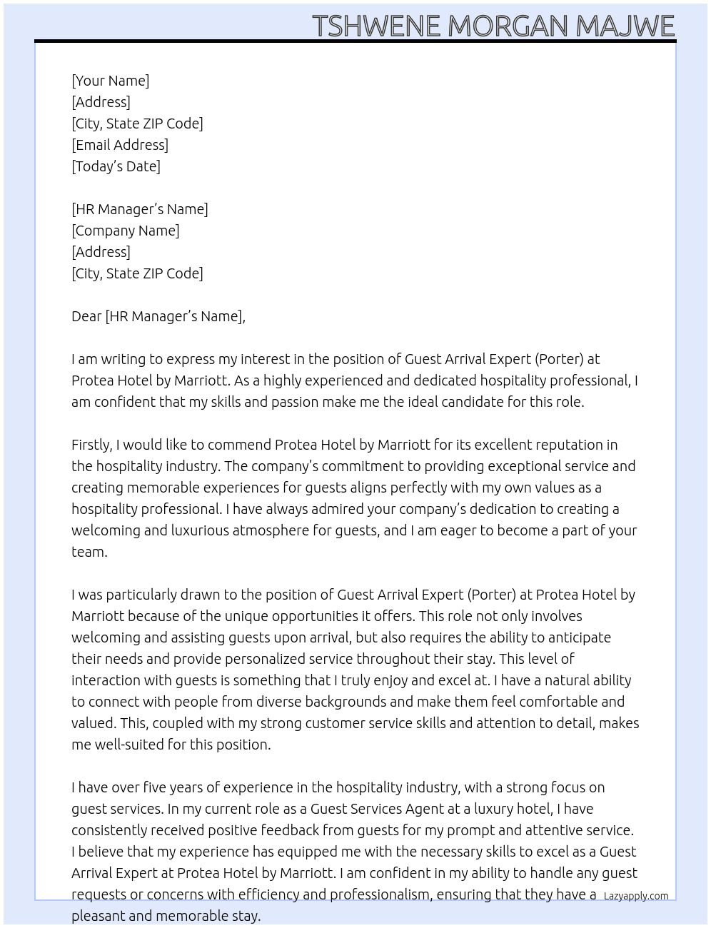Guest Arrival Expert (Porter)  At Protea Hotel by Marriott  Cover Letter