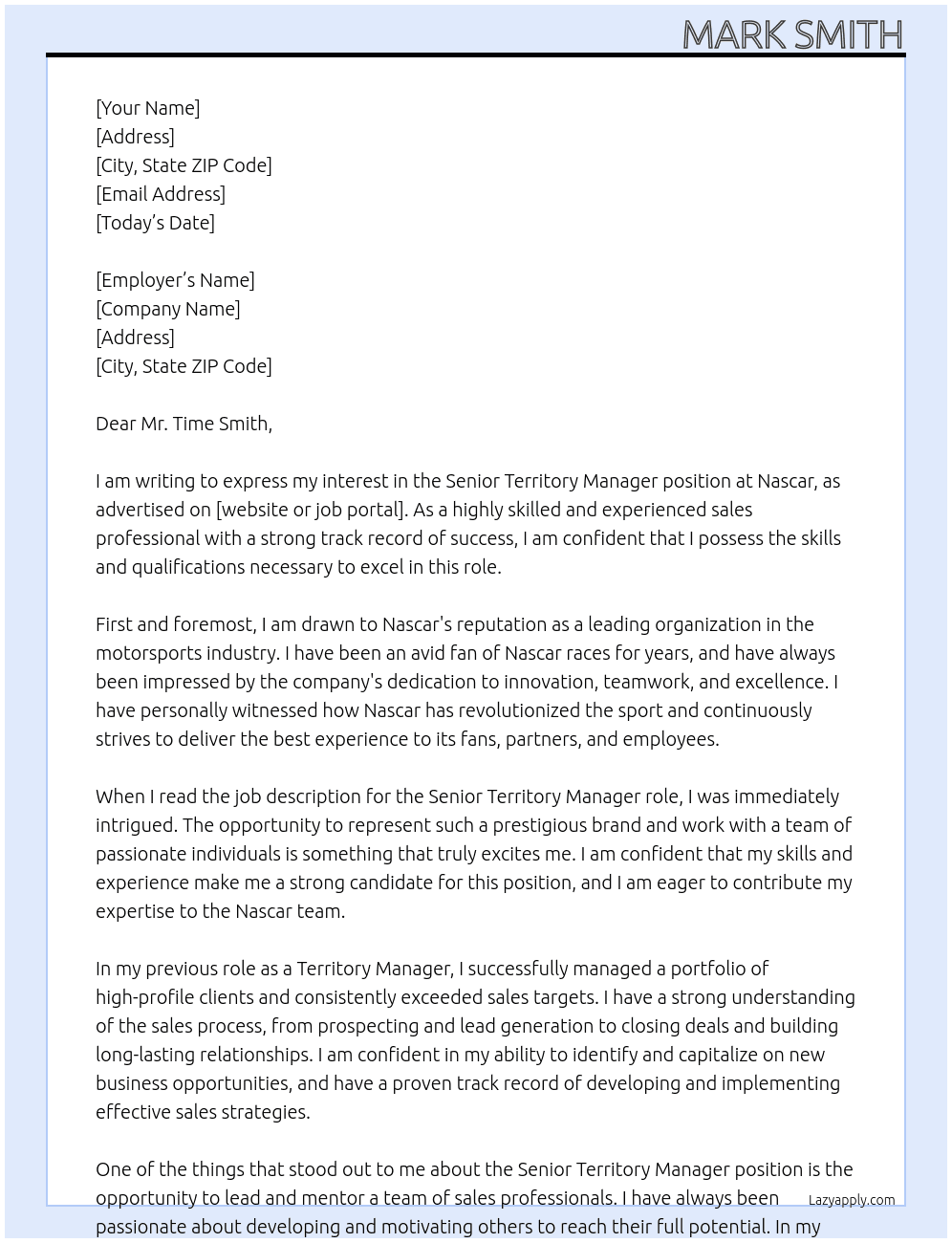 Senior Territory Manager At Nascar Cover Letter