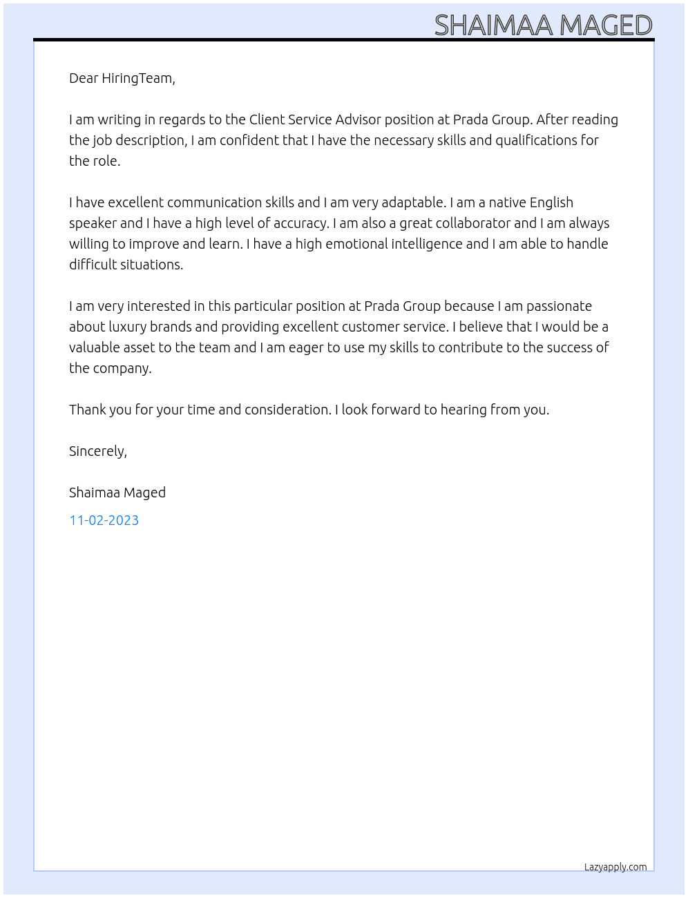 Client Service Advisor At Prada Group Cover Letter