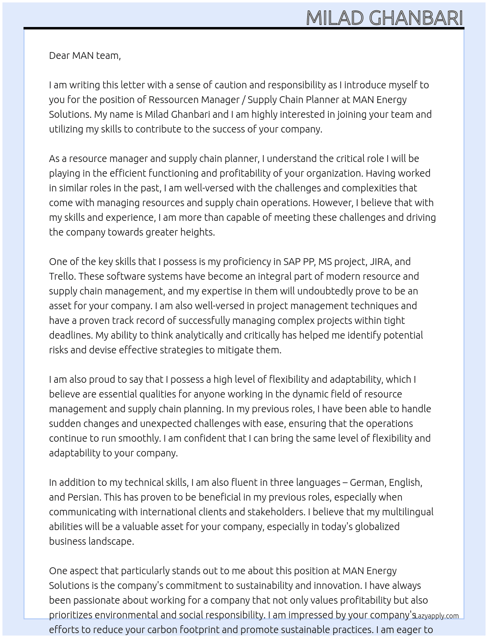 Ressourcen Manager / Supply Chain Planner  At  MAN Energy Solutions Cover Letter