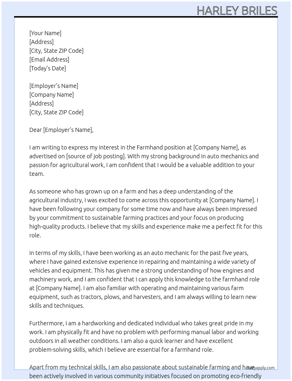 Farmhand At insert name here Cover Letter