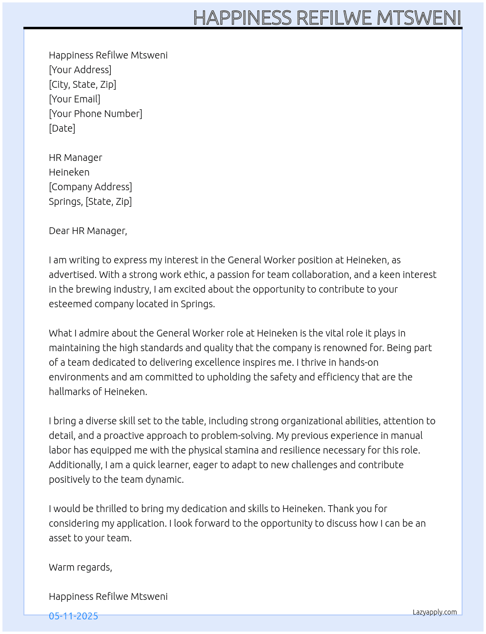 General Worker At Heineken  Cover Letter