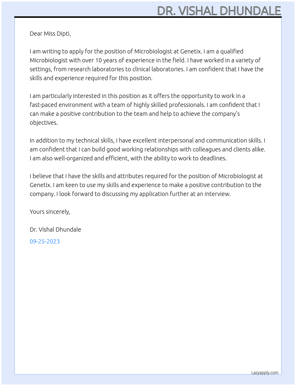 Microbiologist  At Genetix Cover Letter