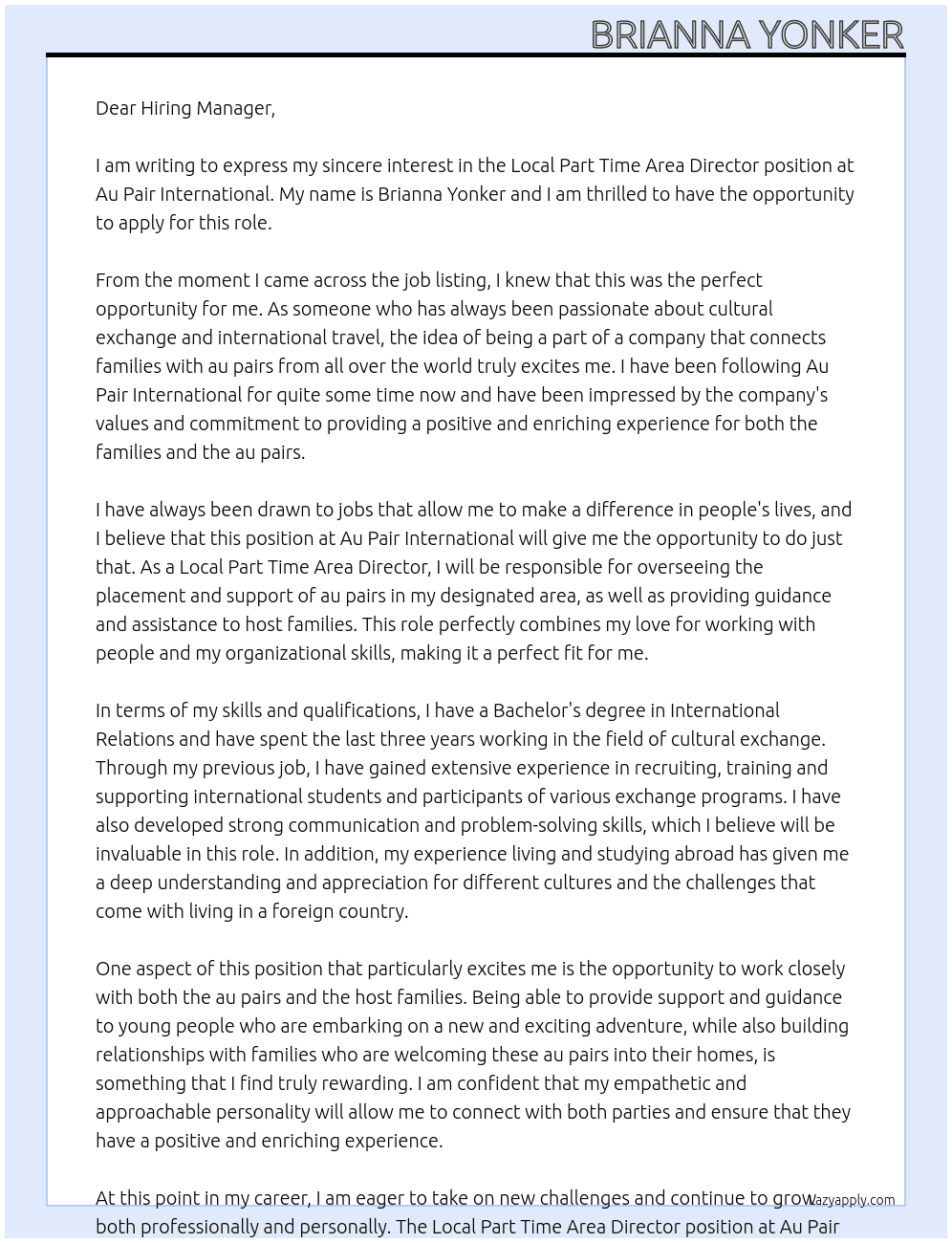 Local part time area director At Au Pair International Cover Letter